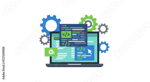 Laptop displaying code with surrounding gears symbolizing software development and engineering.