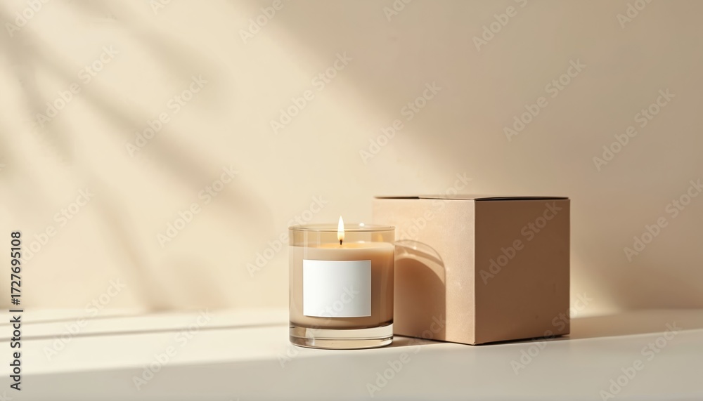 custom made wallpaper toronto digitalGlass candle with burning flame beside cardboard box on table. Soft light and shadow create calm minimalist scene. Ideal for relaxation or gift branding.
