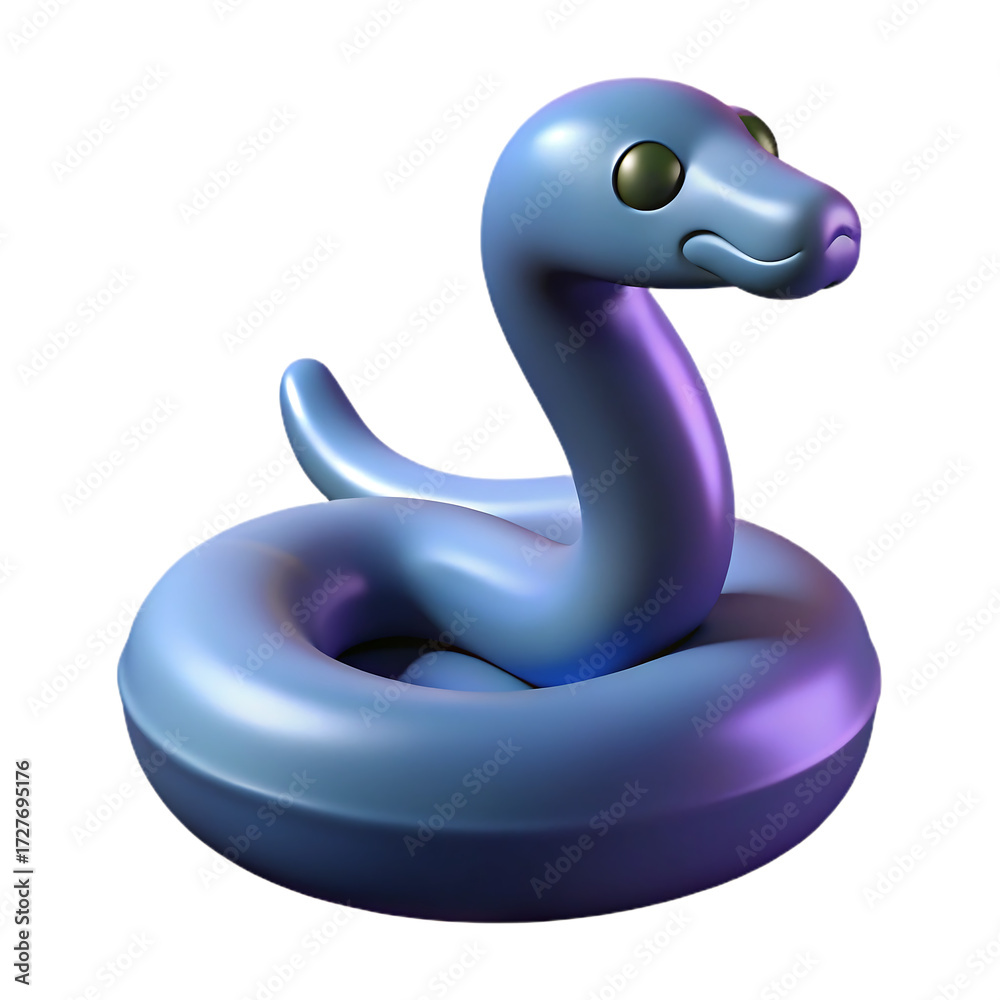 Naklejka premium 3d icon of cute blue cartoon snake on a float, isolated on transparent background
