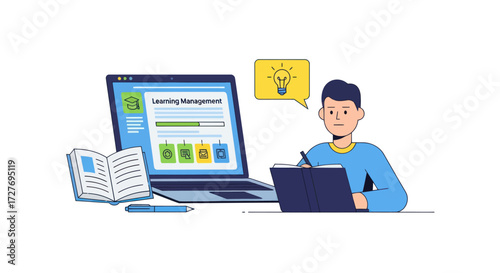 Young man studying online writing notes with laptop and book generating ideas.