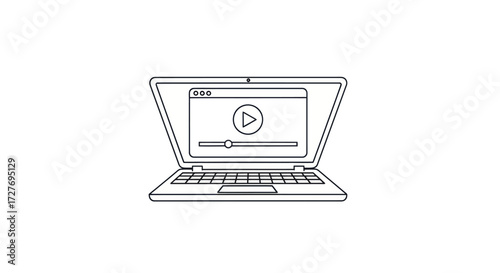 Open laptop displaying a video player interface with play button.