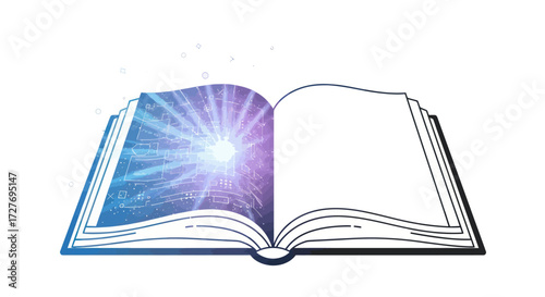 Open book with a bright colorful light emanating from its pages.