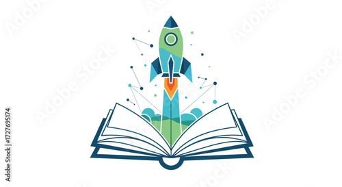 Colorful Rocket Launching from Open Book Illustration.