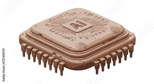 Rusty Square AI Processor Chip with Pins.
