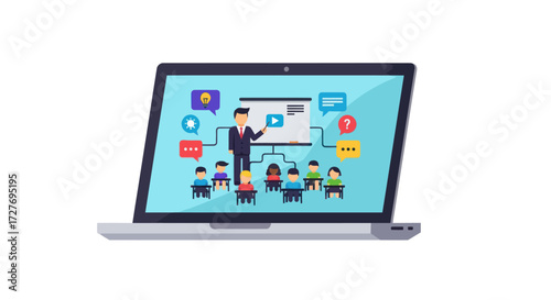 Online Presentation on Laptop Screen with Speaker and Audience.