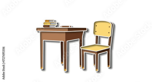 Classic Wooden School Desk and Chair with Books.