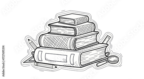 Stack of Illustrated Books with Pencil and Magnifying Glass.