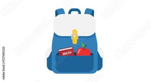 Blue Backpack with School Supplies: Books and Apple.
