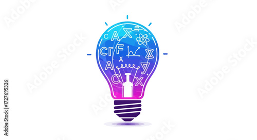 Colorful Illuminated Lightbulb Filled with Science and Math Symbols.