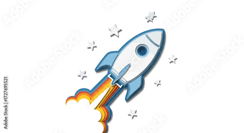 Cartoon Rocket Launching with Fiery Exhaust and Stars.