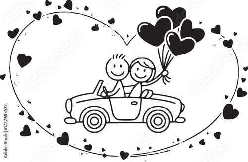 Sweethearts' Getaway: A charming, illustrative depiction of a happy couple embarking on a joyous journey in a classic car, framed by a heartwarming border of hearts and balloons.