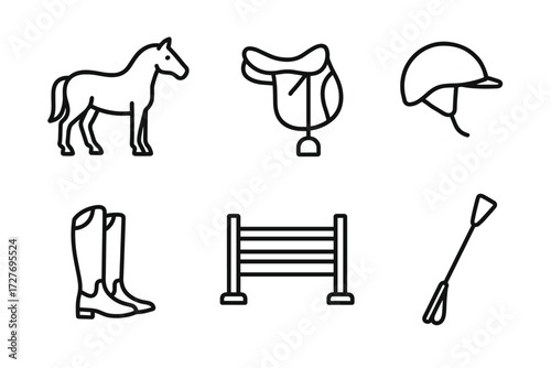 Equestrian equipment icons: horse, saddle, helmet, boots, jump, crop illustrations
