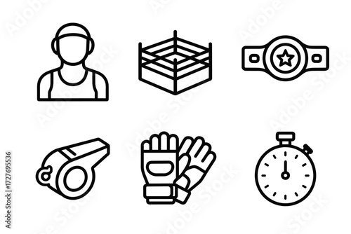 Boxing icons: ring, gloves, coach, belt, whistle, stopwatch