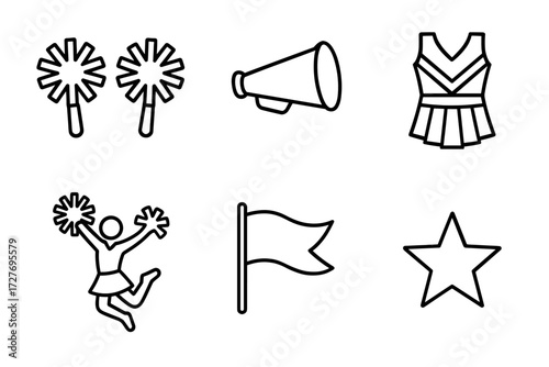 Cheerleading icons: pom-poms, megaphone, uniform, cheerleader, flag, star