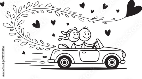 Romantic Getaway: A whimsical illustration depicts a joyful couple in love, embarking on a charming road trip in a vintage convertible. Surrounded by hearts and a trail of decorative flora.
