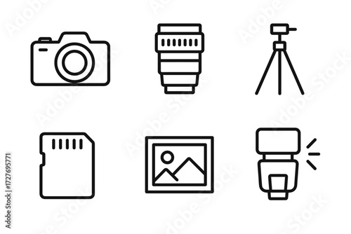 Camera equipment icons: camera, lens, tripod, memory card, photo, flash