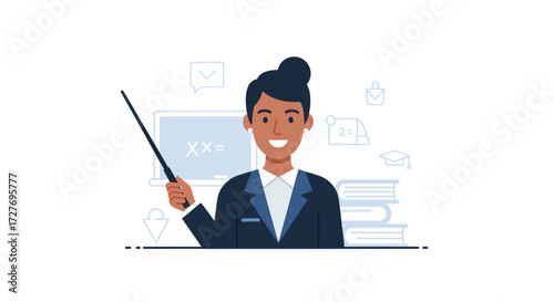Smiling Woman Teacher Holding Pointer Stick in Classroom Setting.