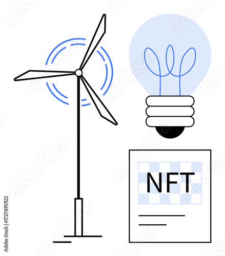Wind turbine harnesses energy, lightbulb indicates ideas, NFT document represents digital assets. Ideal for renewable energy, creativity, sustainability, innovation, technology, blockchain ecology