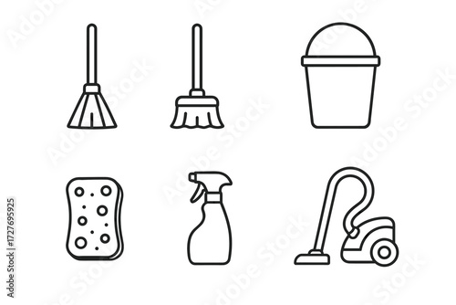 Cleaning tools line art: broom, mop, bucket, sponge, spray bottle, vacuum cleaner icons