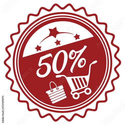Red circular badge with fifty percent off sale icons