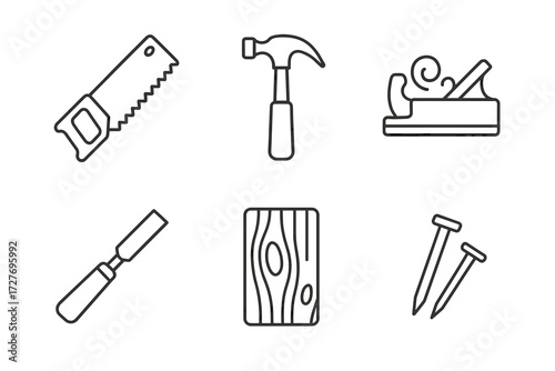 Set of carpentry tools with saw, hammer, and more for woodworking projects