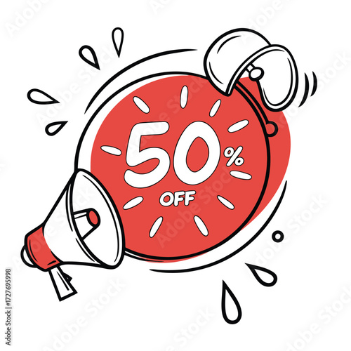 Bold red and white fifty percent off announcement sale