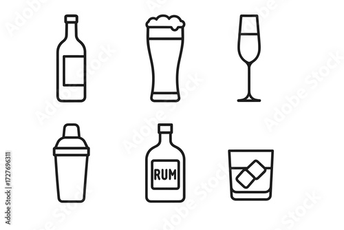 Outline icons of alcoholic beverages: wine, beer, cocktail, rum, whiskey, shaker