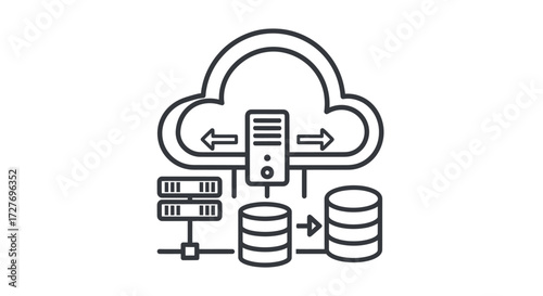 Cloud Computing Network Infrastructure with Server and Database Outline Icon.