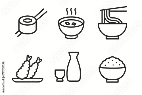 Icons of sushi, soup, noodles, tempura, sake, and rice in minimalist style