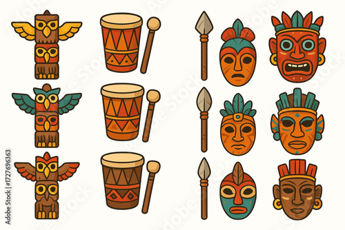 Tribal artifacts featuring totem poles, drums, spears, and vibrant masks