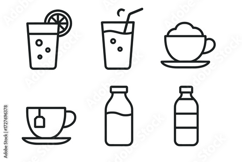 Assorted beverage icons: lemonade, coffee, tea, milk, water