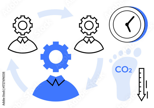 Gear-linked people, clock, CO2 footprint, thermometer, and arrows illustrating workflow, sustainability, team effort, time efficiency, energy impact responsibility and optimization in a simple flat