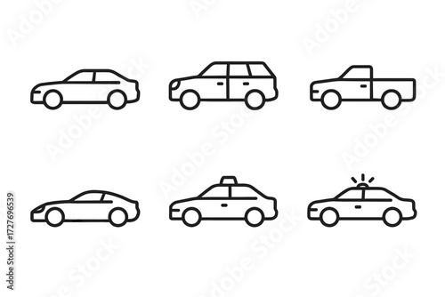 Set of car icons featuring sedan, suv, pickup, sports, taxi, and police cars