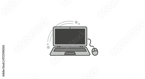 Minimalist gray laptop and computer mouse icon with wireless signal.