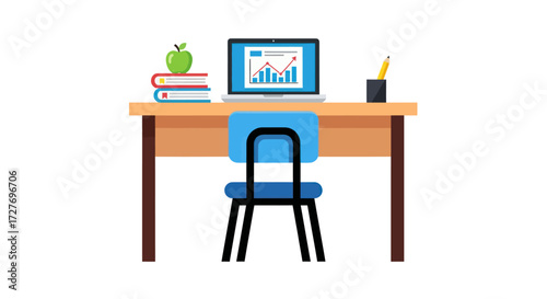 Wooden desk with laptop displaying financial charts books and an apple.
