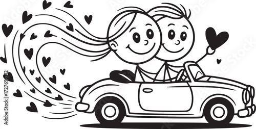 Love on Wheels: A whimsical illustration of a couple in love, joyfully riding in a classic car, hearts trailing behind them, conveying the essence of romance and togetherness.