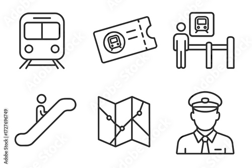 Public transportation icons: train, ticket, passenger, map, and conductor symbols