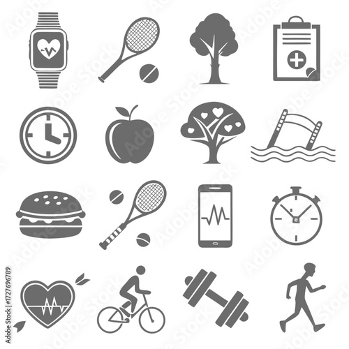 Fitness wellness icons healthy lifestyle objects vector