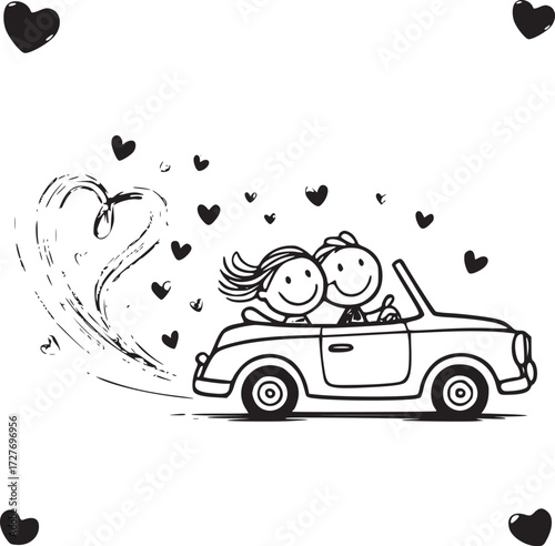 Love Ride: A whimsical illustration captures a couple in love, joyfully cruising in a classic convertible car, surrounded by hearts, symbolizing love's journey and happiness.