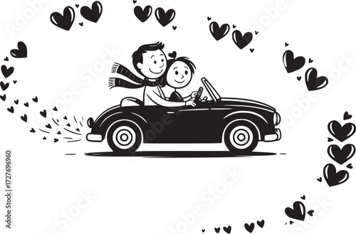 Love's Road Trip: An endearing black and white illustration depicts a couple in a vintage car, surrounded by a whimsical frame of hearts, conveying feelings of love, adventure, and romance.