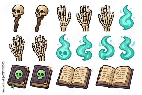 Skeleton hands, skulls, ghostly flames, and spellbooks - halloween fantasy elements