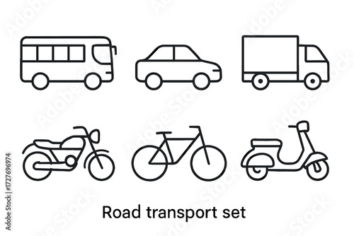 Set of iconic road transport vehicles: bus, car, truck, motorcycle, bicycle, scooter
