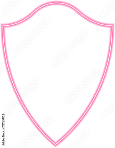 Contour of a shield with a bold, structured frame resembling reinforced steel plating, outlined in glowing neon red lines.