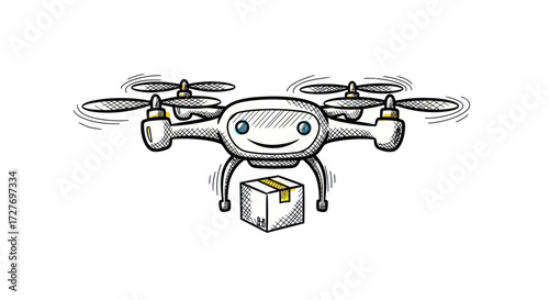 Whimsical cartoon drone delivering a package with a smiling face.