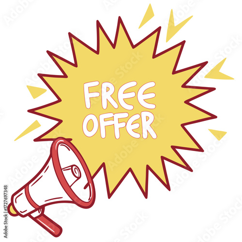 Yellow burst badge with red megaphone offer