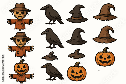 Halloween icons: scarecrows, crows, witch hats, and jack-o'-lanterns