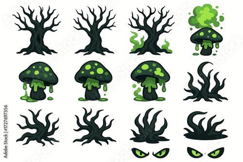 Eerie dark trees and toxic mushrooms with glowing green eyes in a spooky forest