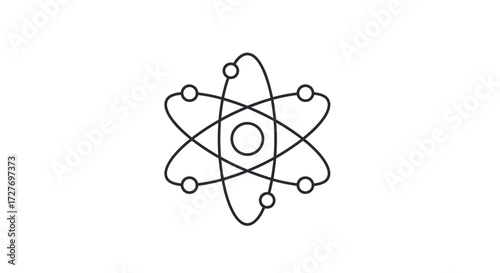 A minimalist black line art icon of an atom depicting a nucleus and orbiting electrons.