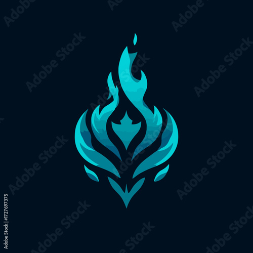 Abstract stylized turquoise flame design on dark background