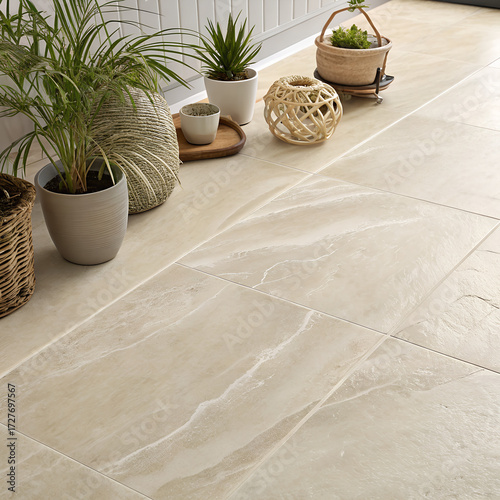 Potted plants and decorative items on a light stone patio floor